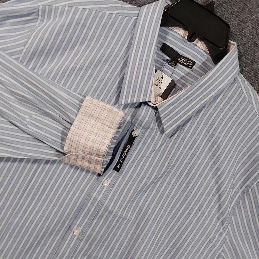 Harve Benard Shirt Mens XL Blue‎ Stripe 100% Cotton Button Front Flip Cuff